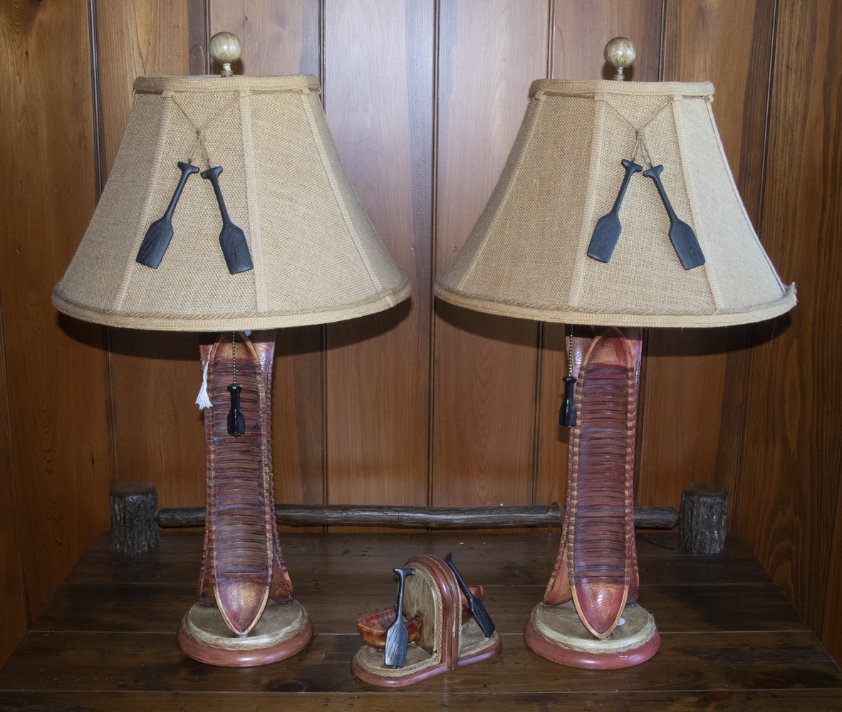 Appraisal: PR RUSTIC TABLE LAMPS Pair of Cast Resin Canoe Form