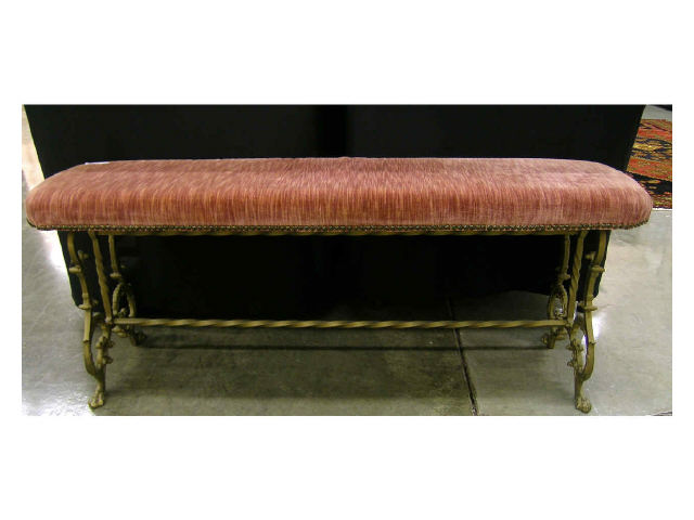 Appraisal: Vintage wrought iron radio bench with nailhead trim upholstered seat