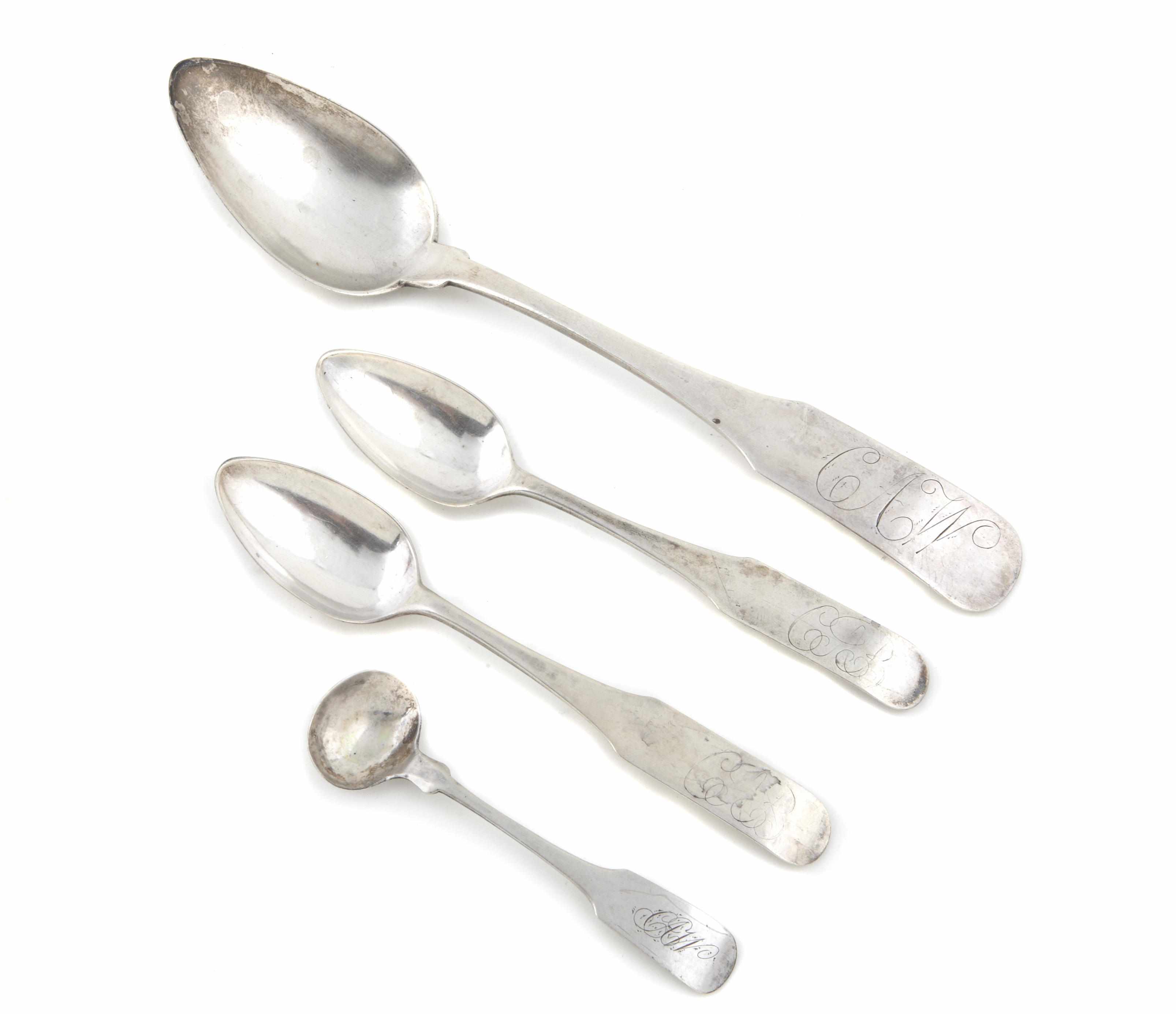 Appraisal: A coin silver flatware group Fiddle variations Comprising pair tablespoons