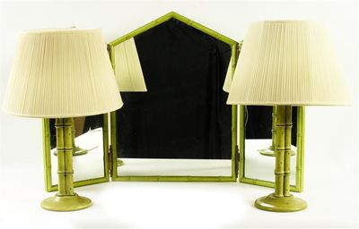 Appraisal: A green painted simulated bamboo triptych dressing table mirror and