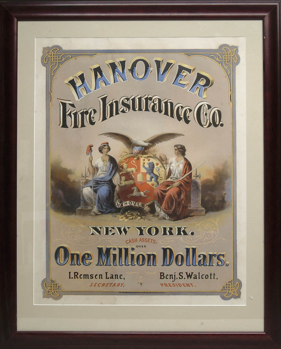 Appraisal: GREAT COLORFUL LITHO HANOVER INSURANCE PAPER SIGN This great th