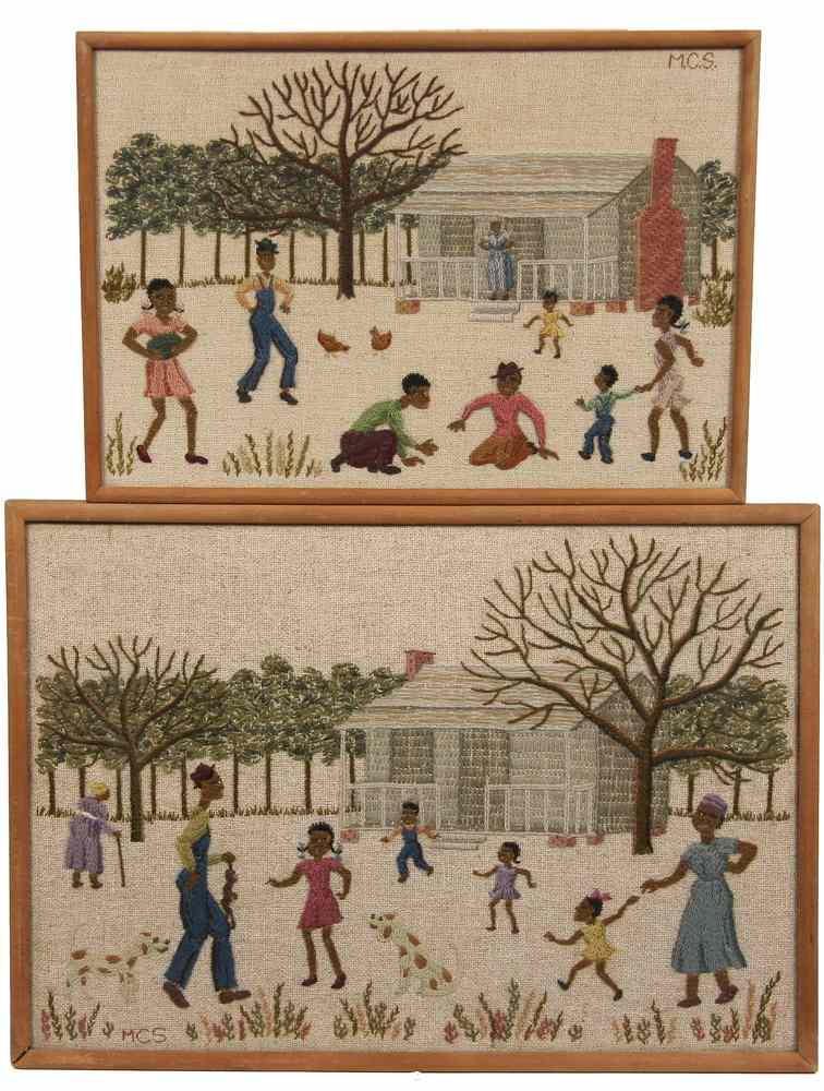 Appraisal: AFRICAN-AMERICAN NEEDLEPOINTS - Two s Vintage African American Colloquial Scenes