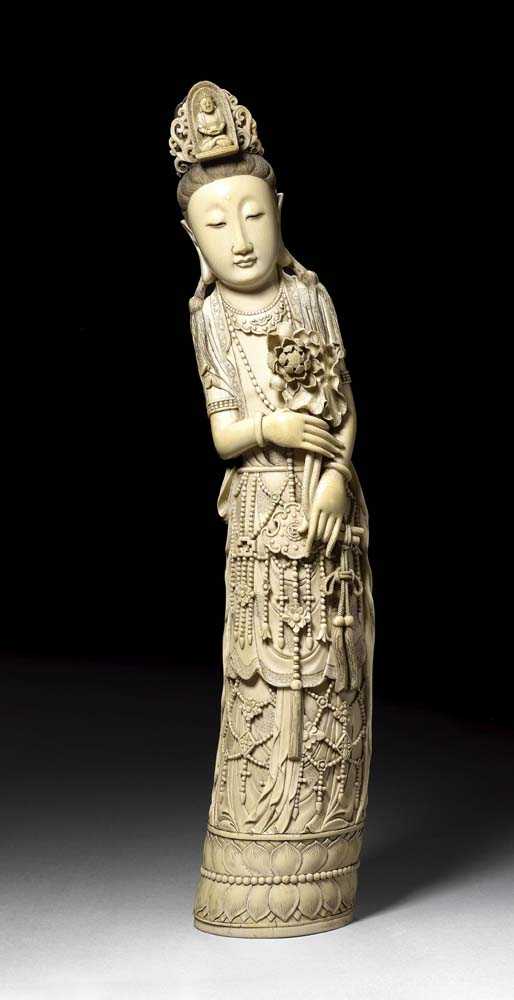 Appraisal: LARGE IVORY GUANYIN China late Qing-Dynasty H cm With attractive