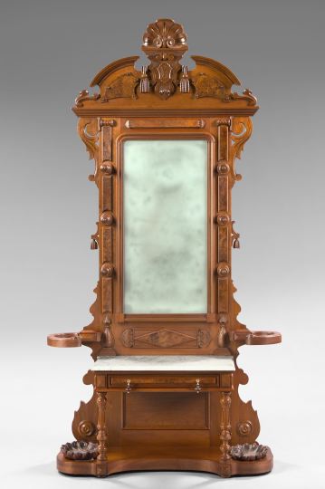 Appraisal: American Renaissance Revival Walnut Burl Walnut and Marble-Top Hall Tree