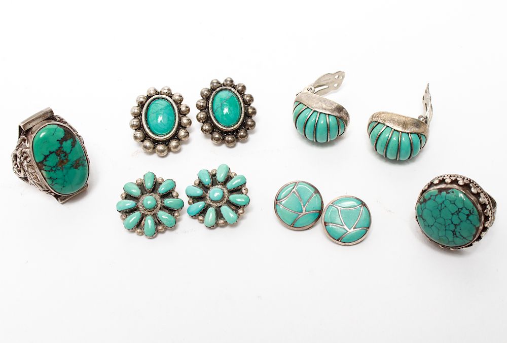 Appraisal: Silver Turquoise Rings Earrings Group of Silver and turquoise jewelry