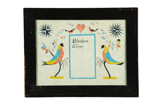 Appraisal: FRAKTUR American mid th century watercolor and ink Birds flanking