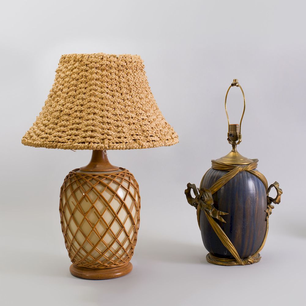 Appraisal: Decorative Gilt-Metal-Mounted Drip Glazed Pottery Lamp and a Wicker Bound