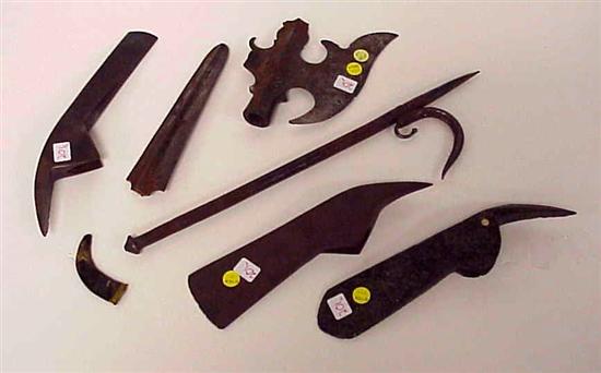 Appraisal: Assorted wrought iron tools three axe heads one inscribed B