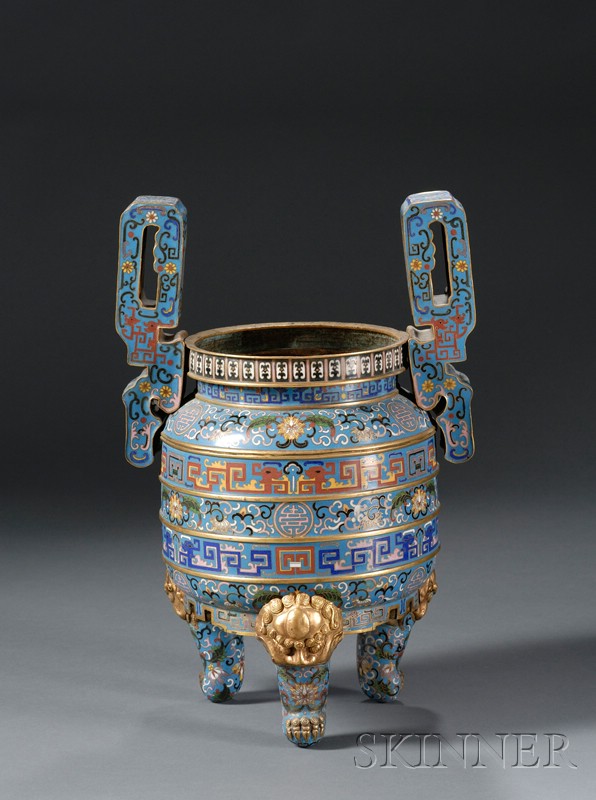 Appraisal: Cloisonne Censer China th century Ting shape decoration of bands