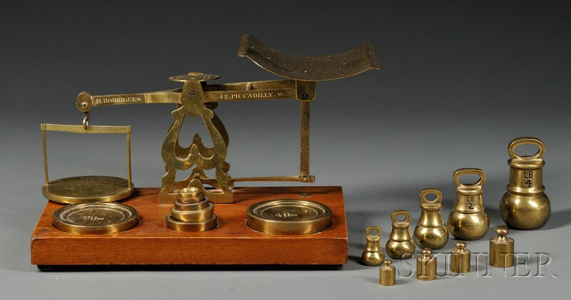 Appraisal: English Brass Countertop Postal Scale on wood base with sixteen