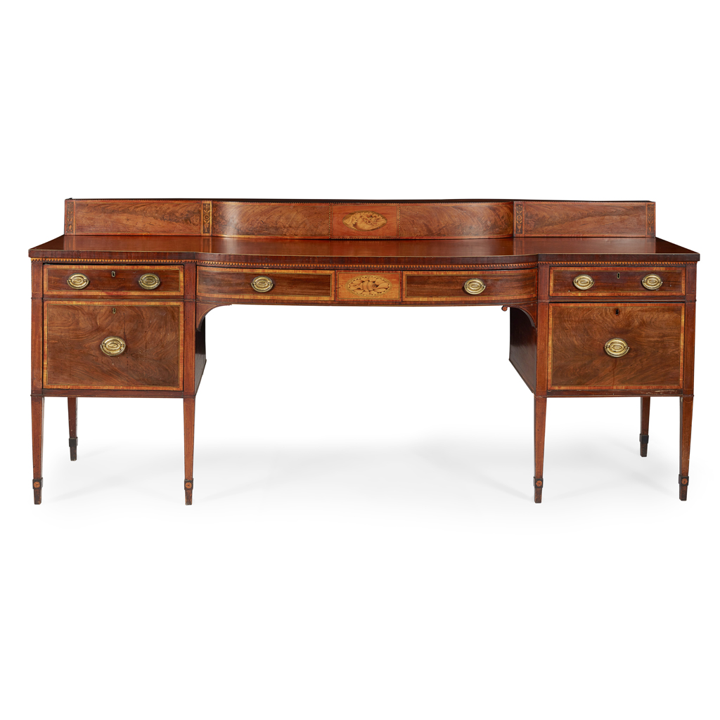 Appraisal: LATE GEORGE III MAHOGANY AND SATINWOOD CROSSBANDED BREAKFRONT SIDEBOARD EARLY