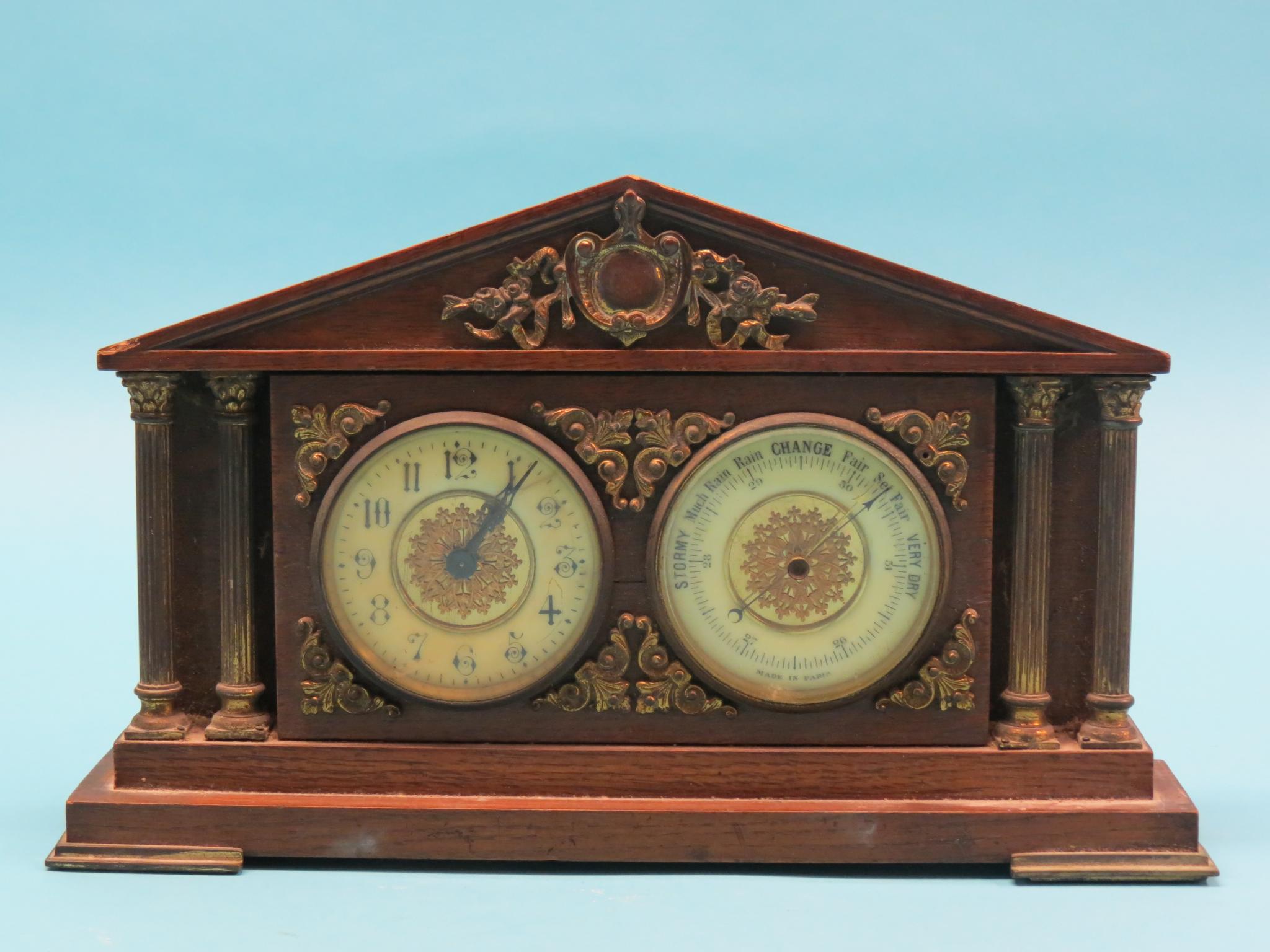 Appraisal: A Victorian oak clock-barometer side-by-side enamel dials architectural case with