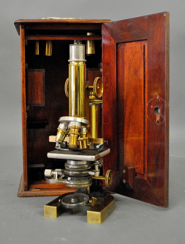 Appraisal: - Mahogany cased brass and metal microscope signed Queen Co