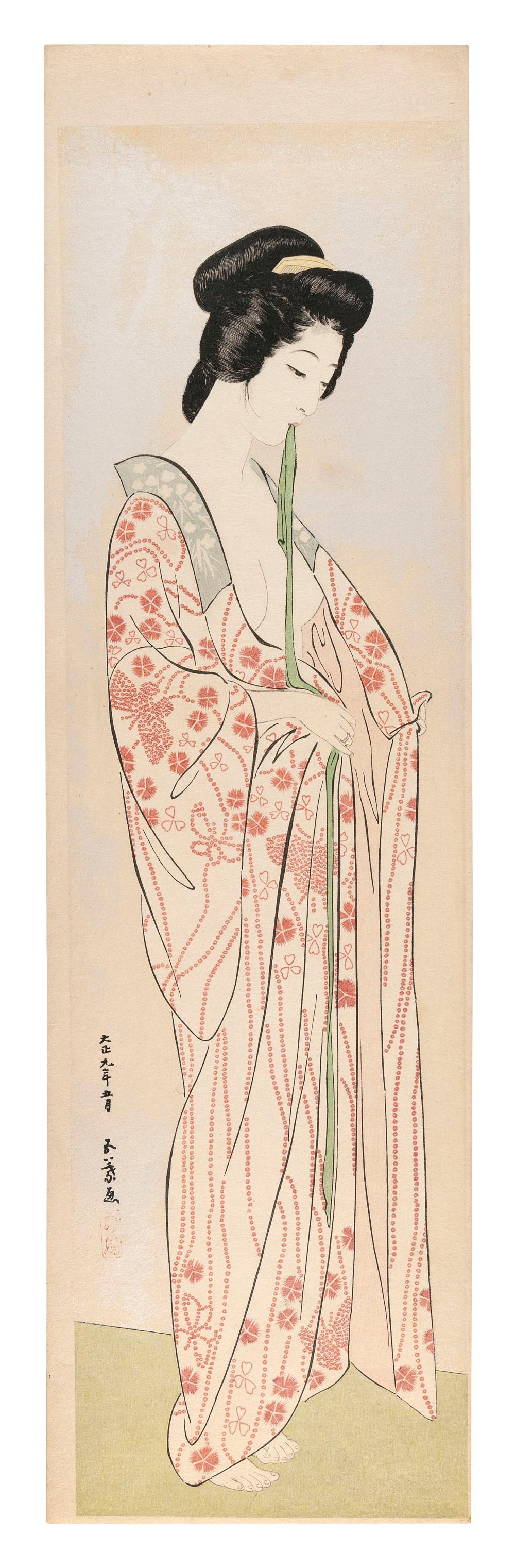 Appraisal: HASHIGUCHI GOYO JAPAN - WOMAN IN LONG UNDERGARMENT WOODBLOCK PRINT