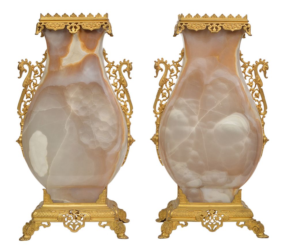 Appraisal: Pr French Gilt Bronze Mounted Agate Urns Pair of th