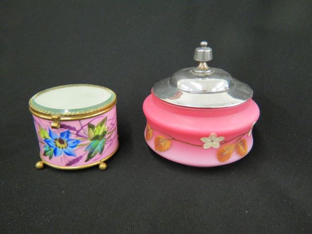 Appraisal: Victorian Art Glass Boxes cranberry satin and enameled floral