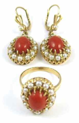 Appraisal: THREE ARTICLES OF CORAL AND SEED PEARL JEWELRY including a