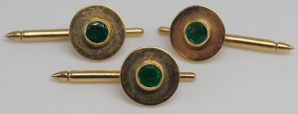 Appraisal: JEWELRY Set of Signed Gold and Emerald Shirt Studs Includes