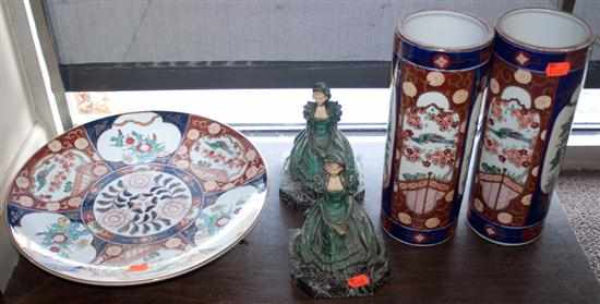 Appraisal: Three Japanese Imari porcelain objects and a pair of spelter