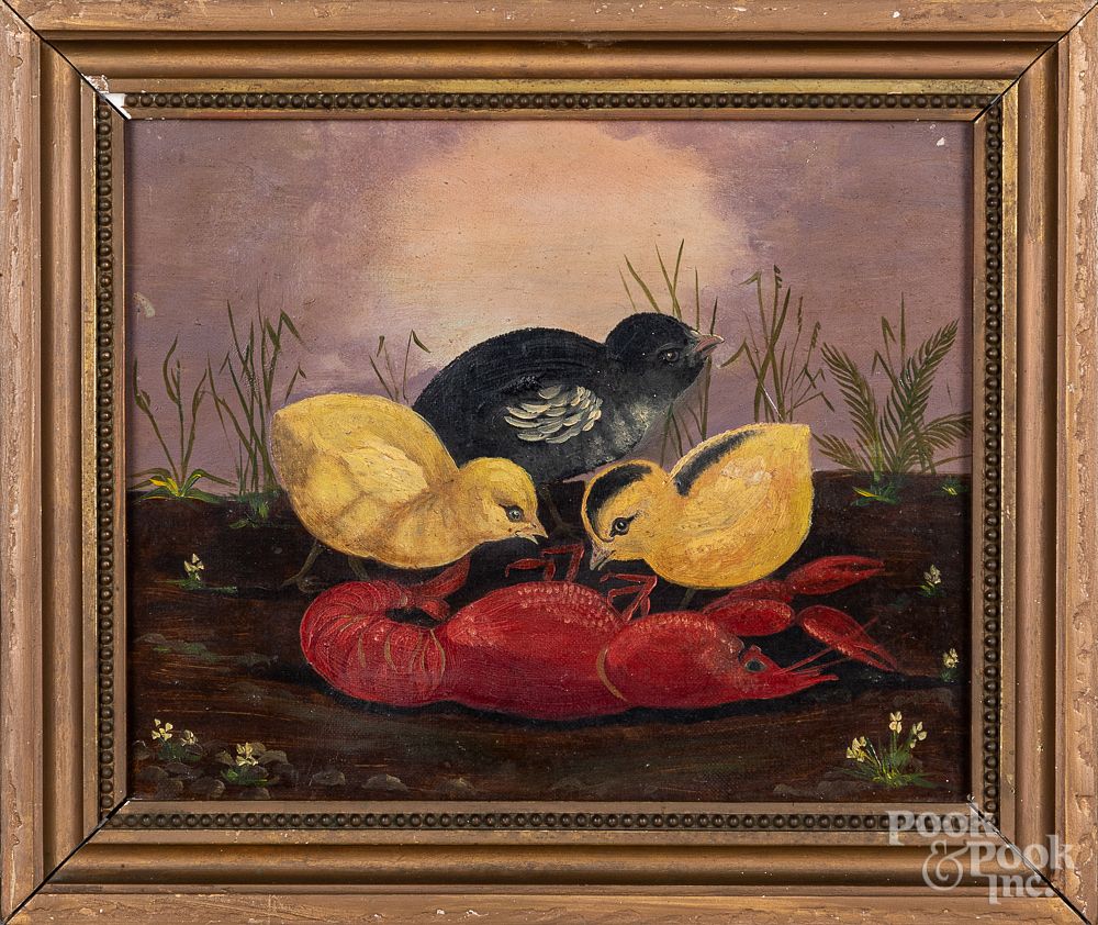 Appraisal: Oil on canvas of three chicks and a lobster Oil