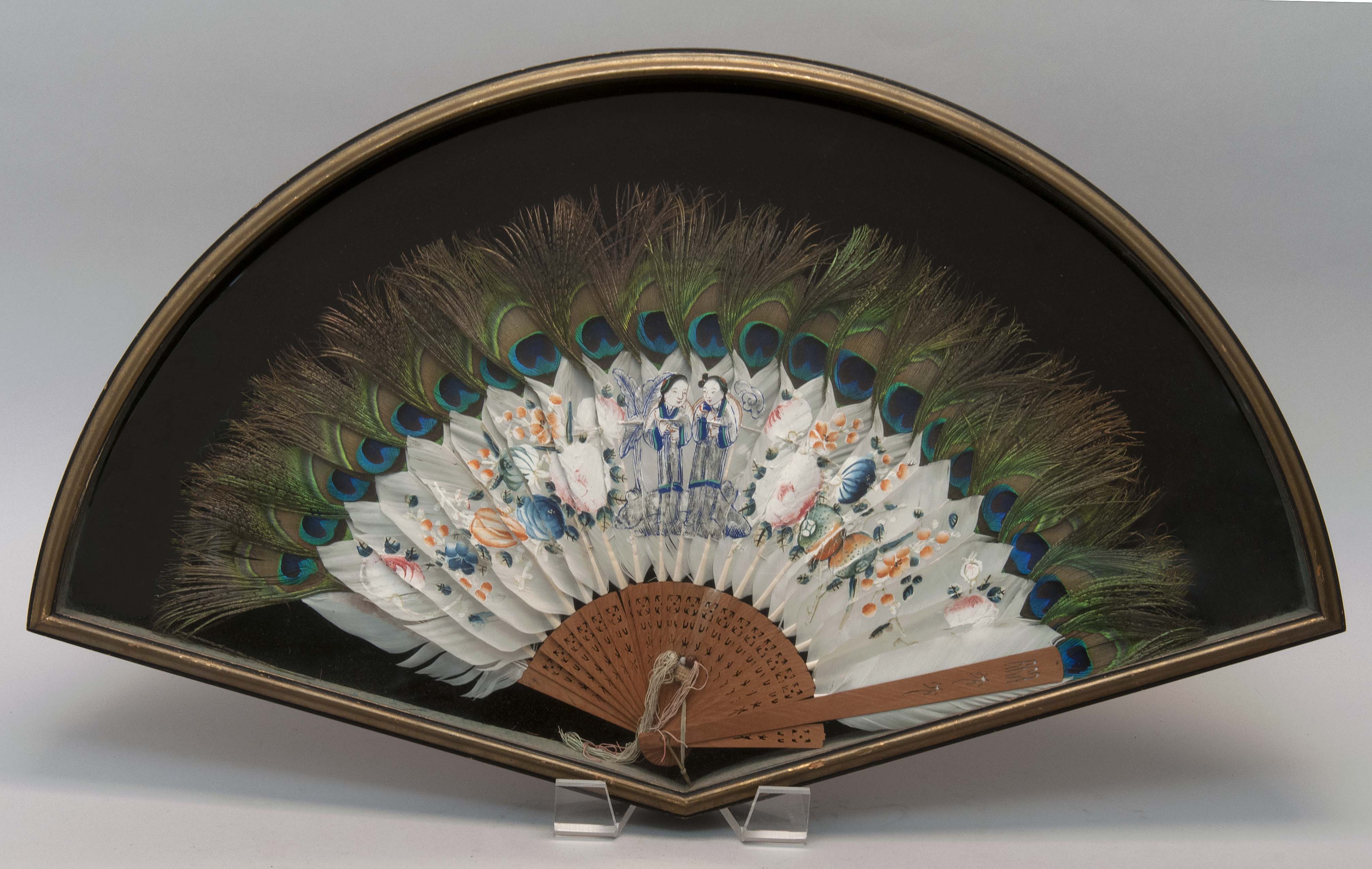 Appraisal: FRAMED CHINESE FAN Late th CenturyWood frame with hand-painted peacock