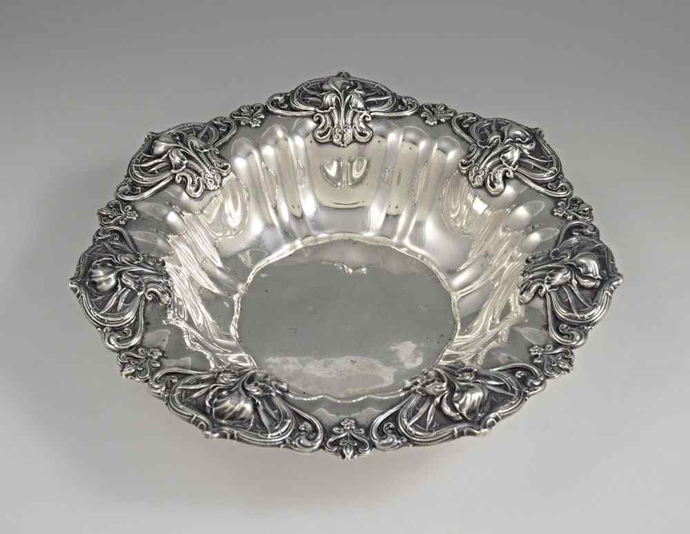 Appraisal: WHITING ART NOUVEAU REPOUSSE STERLING BOWL Repousse design of iris