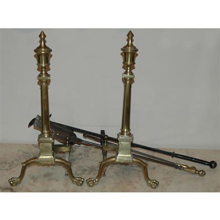 Appraisal: Pair of Georgian Style Brass Andirons Together with Three Fire