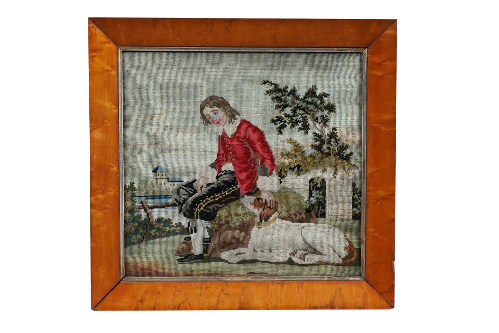 Appraisal: AMERICAN NEEDLEWORK OF MAN DOGburl veneer frame x inches Condition