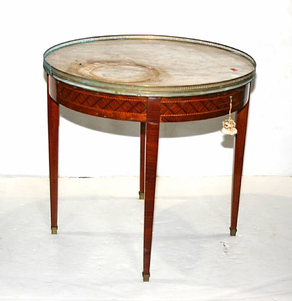 Appraisal: A Louis XVI style parquetry inlaid brass mounted mahogany bouillotte