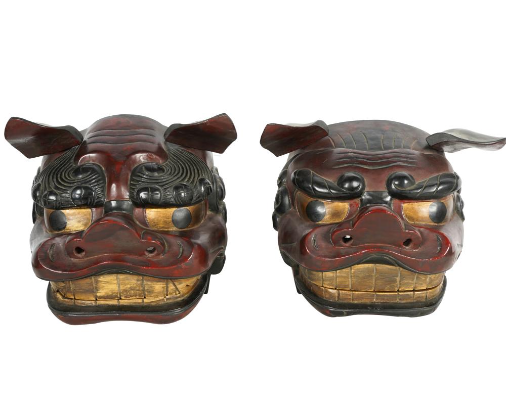 Appraisal: PAIR OF JAPANESE POLYCHROME GILT CARVED MASKSeach with hinged mouth