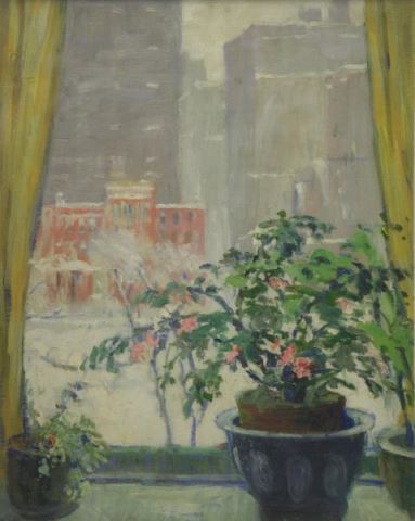 Appraisal: MASON Maud M Oil on Canvasboard Still Life inWindowsill Signed