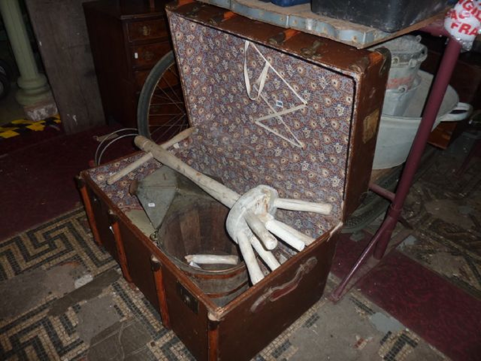 Appraisal: A vintage fibre trunk containing an oak and banded bucket