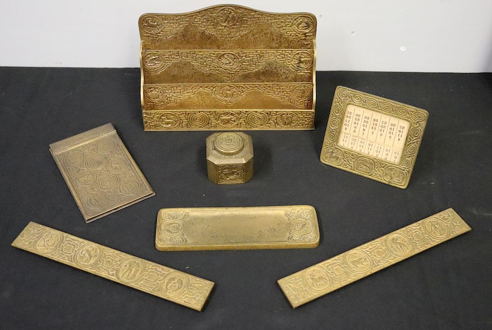 Appraisal: Tiffany Studios Gilt Bronze Piece Zodiac Writing Set To inc