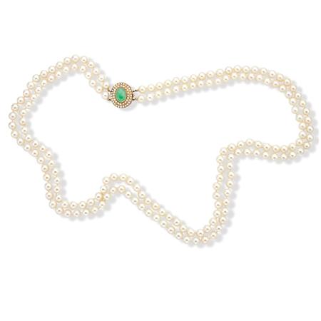 Appraisal: Long Double Strand Cultured Pearl Necklace with Jade and Split