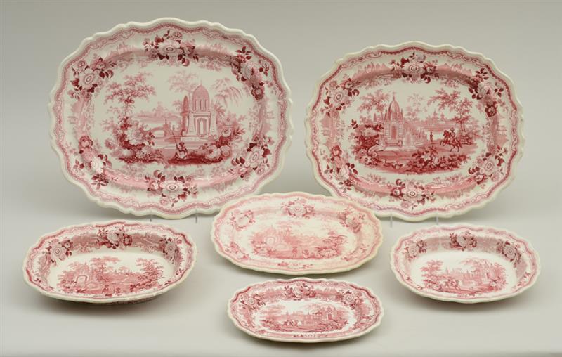 Appraisal: ASSEMBLED SET OF SIX STAFFORDSHIRE RED TRANSFER-PRINTED ARTICLES Unmarked each