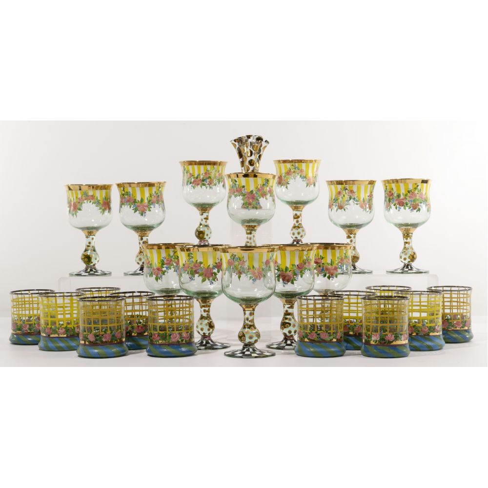 Appraisal: MACKENZIE CHILDS CIRCUS GLASS ASSORTMENT items including -inch water goblets