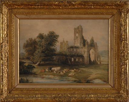 Appraisal: ENGLISH SCHOOL TH C BUCOLIC LANDSCAPE WITH COWS AND ABBEY