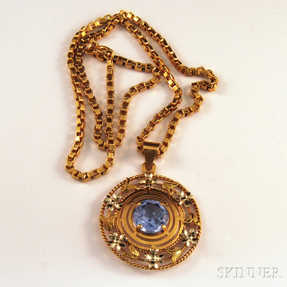 Appraisal: kt Gold and Synthetic Blue Spinel Pendant Necklace the disc-shaped