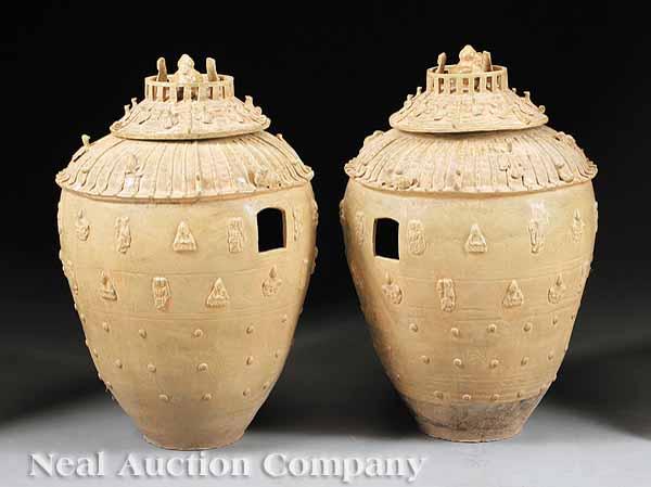 Appraisal: A Large Pair of Southeast Asian Earthenware Censers the ovoid