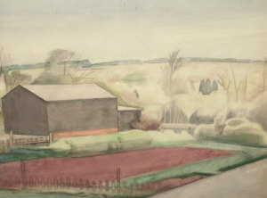 Appraisal: Bernard Meninsky - - Rural landscape with farm buildings pencil