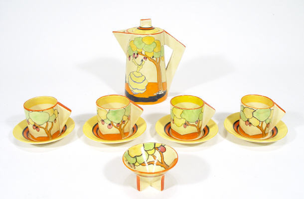 Appraisal: Clarice Cliff Bizarre part coffee service hand painted with 'Applique