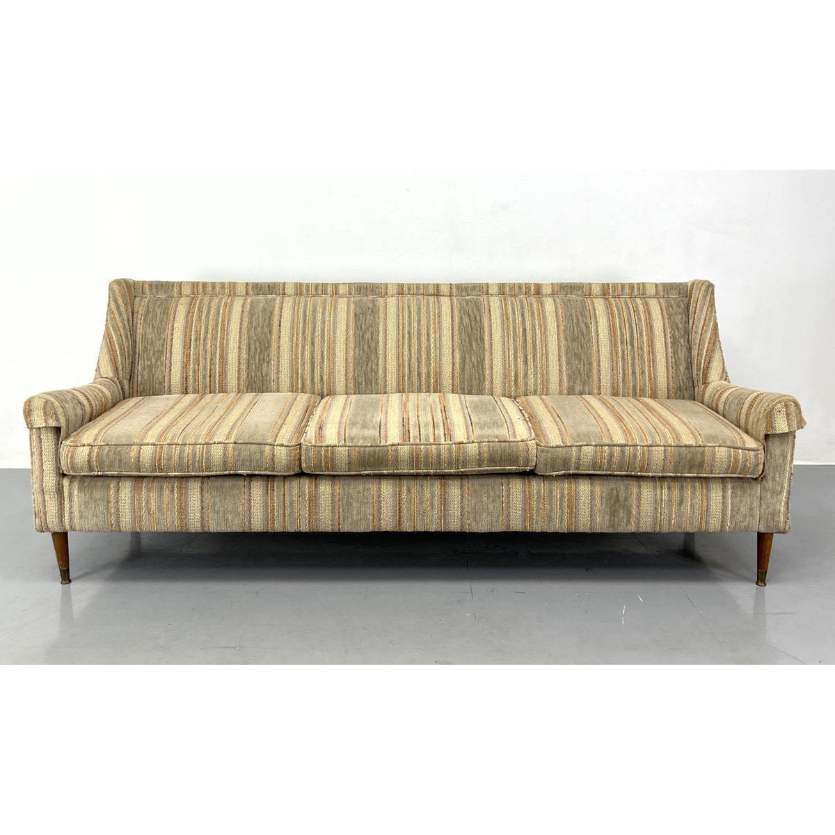 Appraisal: ft Upholstered Modernist Sofa Couch Textured Striped Fabric Wood Peg