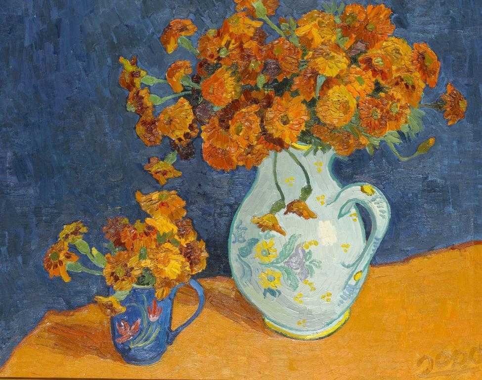 Appraisal: V KOMAROV ORANGE BOUQUET ON BLUE dated with signature date