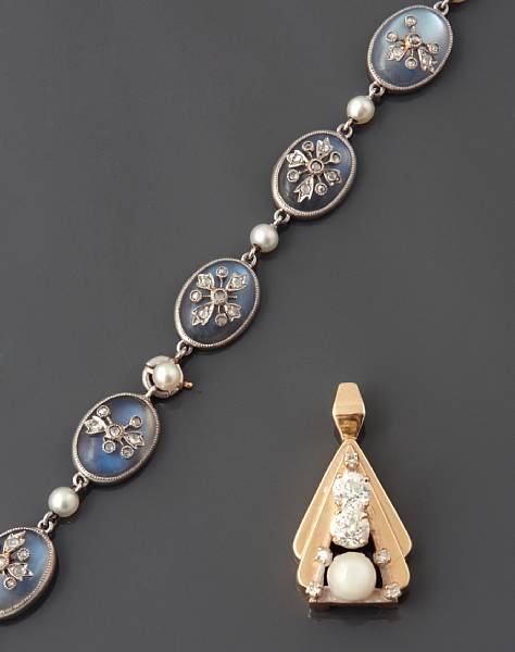 Appraisal: A diamond and gold pendant together with a moonstone bracelet