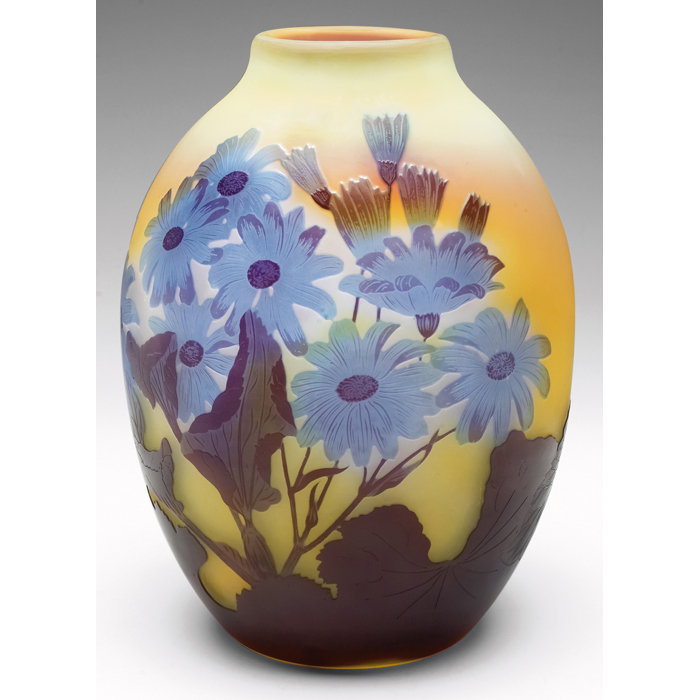 Appraisal: Beautiful Galle vase bulbous shape cameo cut blue daisies on