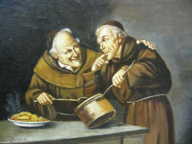 Appraisal: Oil Painting of Two Monks A Tasty Brew artist signed