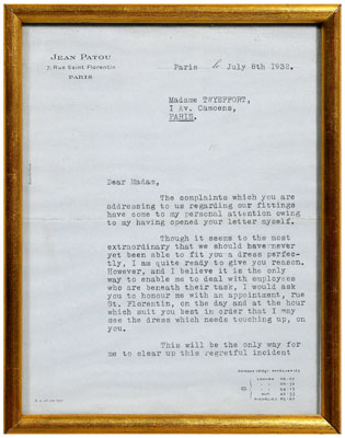 Appraisal: Jean Patou autograph letter - two-page typewritten letter signed Jean