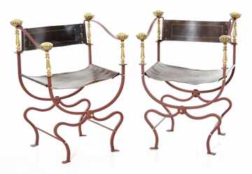 Appraisal: Pair Continental painted wrought-iron and brass Savonarola armchairs early th