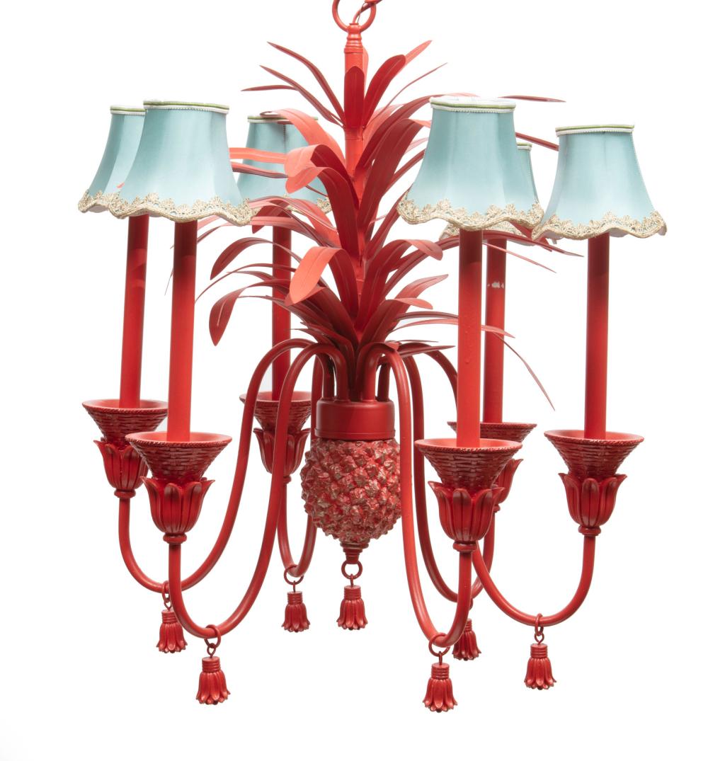 Appraisal: Contemporary Red-Painted Pineapple Six-Light Chandelier tasseled arms with basekt and