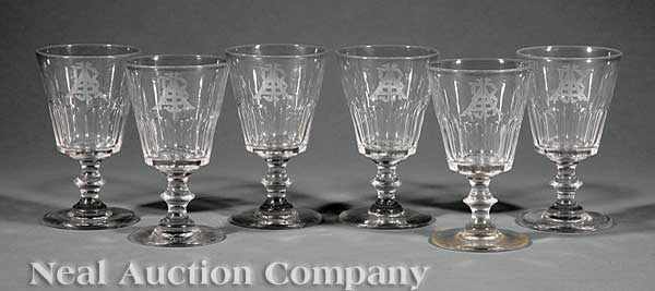 Appraisal: A Set of Six Panel-Cut Glass Wine Goblets mid- th